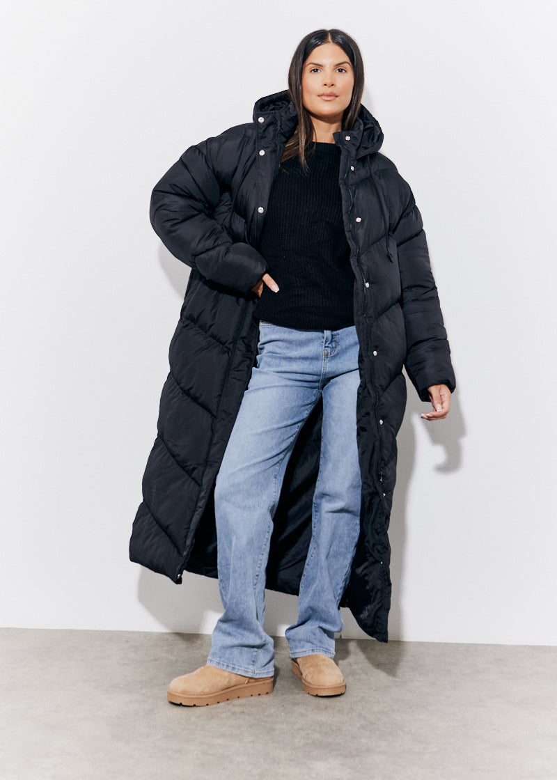 Black Hooded Longline Popper Puffer Coat
