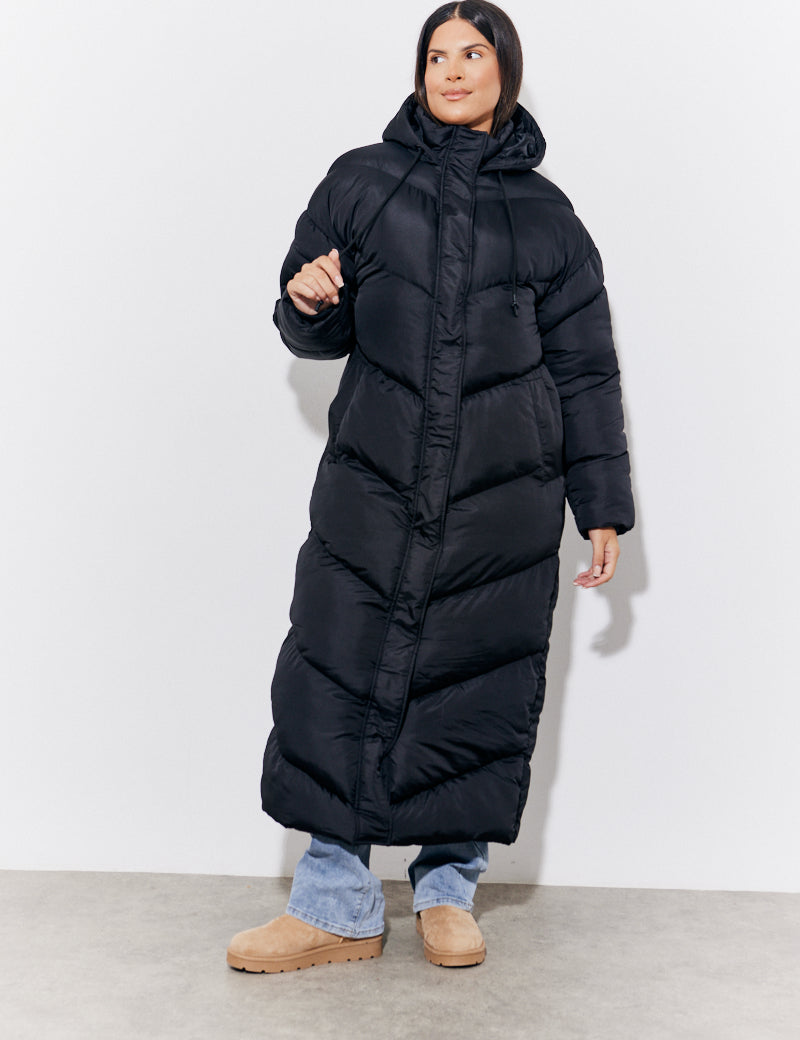 Black Hooded Longline Popper Puffer Coat