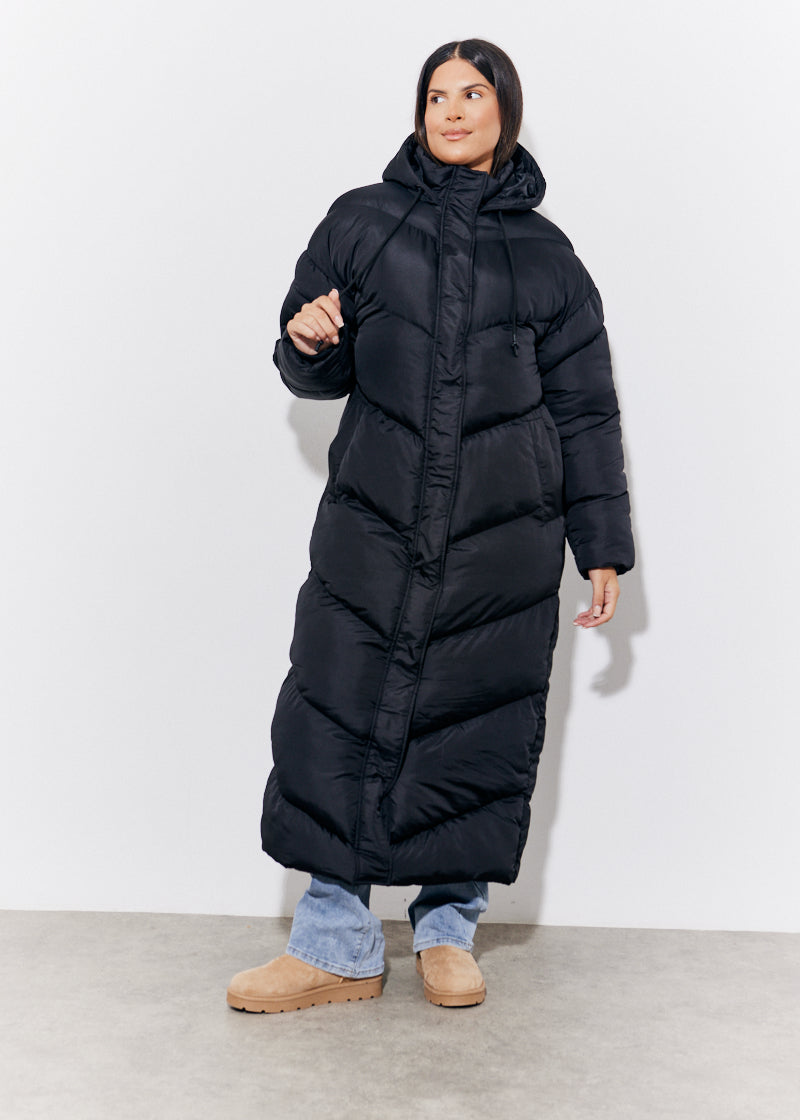 Black Hooded Longline Popper Puffer Coat