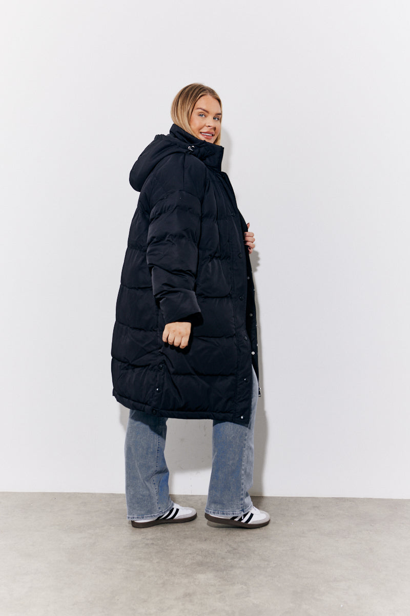 Hooded Longline Popper Puffer Coat