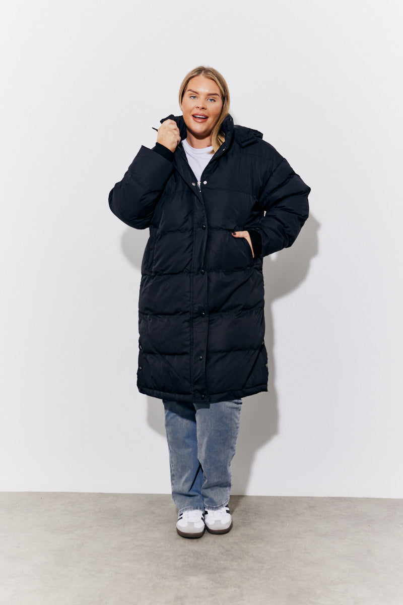 Hooded Longline Popper Puffer Coat