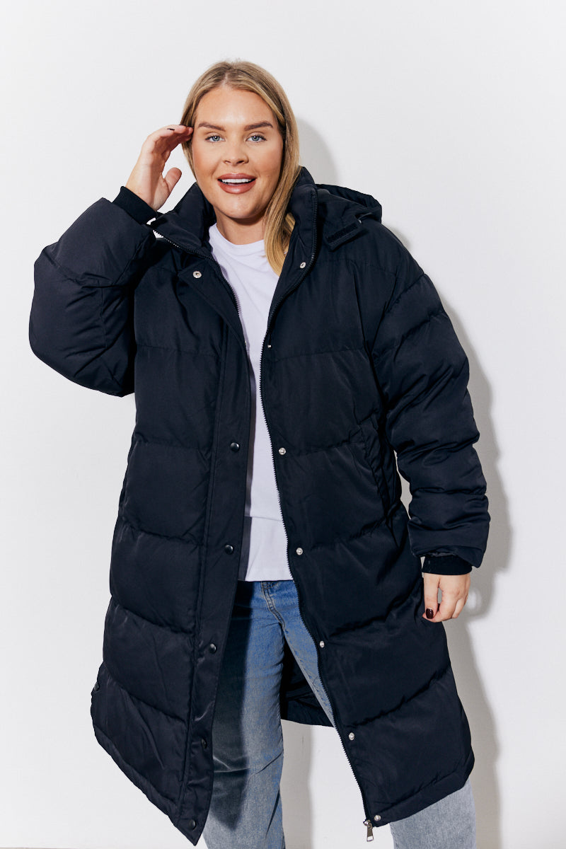 Hooded Longline Popper Puffer Coat