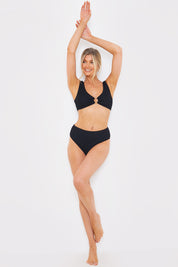 Textured Scoop Neck Ring Detail Bikini Top