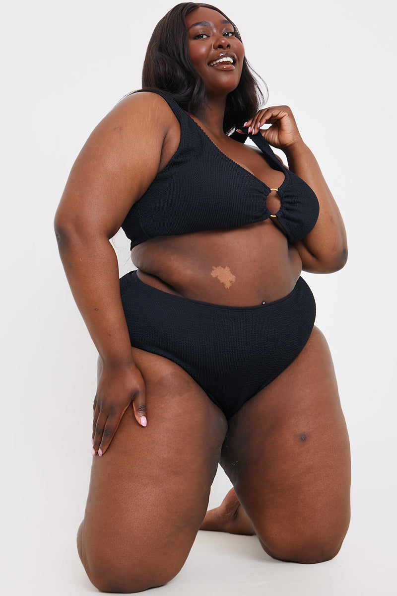 Textured Scoop Neck Ring Detail Bikini Top