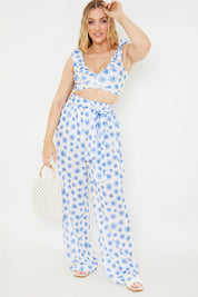 Floral Print Tie Detail Wide Leg Trousers