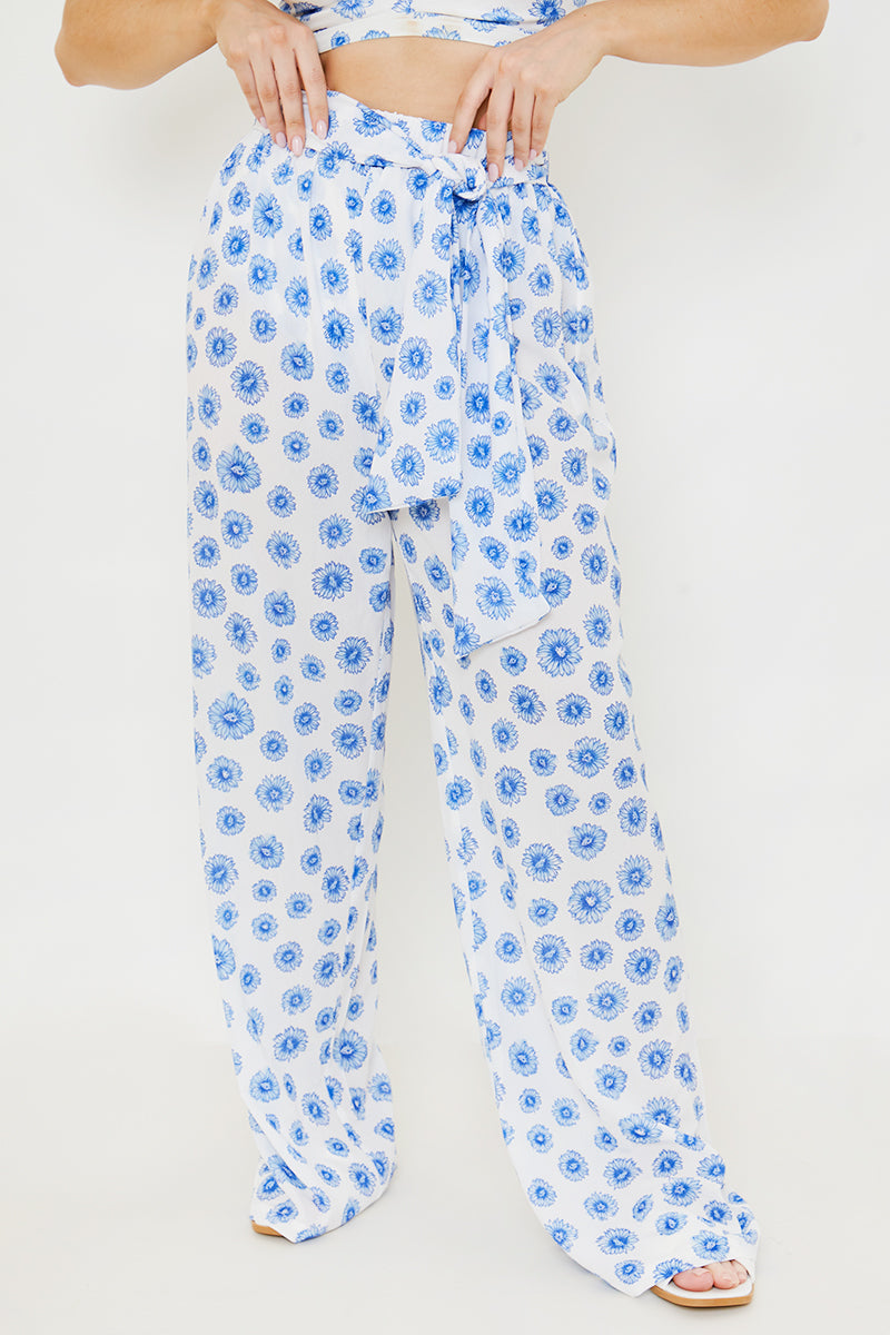 Floral Print Tie Detail Wide Leg Trousers