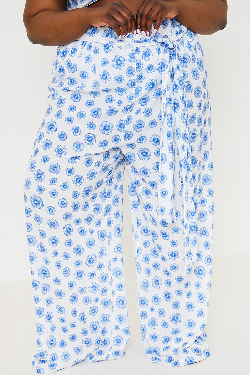 Floral Print Tie Detail Wide Leg Trousers