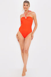 Control Textured Keyhole Front Halter Neck Swimsuit