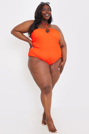 Control Textured Keyhole Front Halter Neck Swimsuit