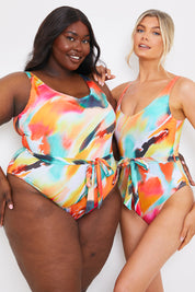 Control Abstract Print Belted Swimsuit