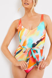 Control Abstract Print Belted Swimsuit