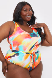 Control Abstract Print Belted Swimsuit