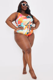 Control Abstract Print Belted Swimsuit