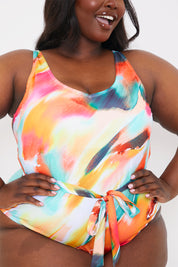 Control Abstract Print Belted Swimsuit