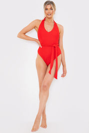 Textured Halter Neck Belted Swimsuit