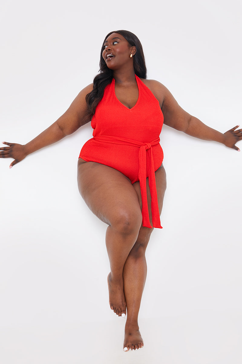 Textured Halter Neck Belted Swimsuit
