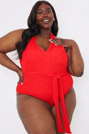 Textured Halter Neck Belted Swimsuit