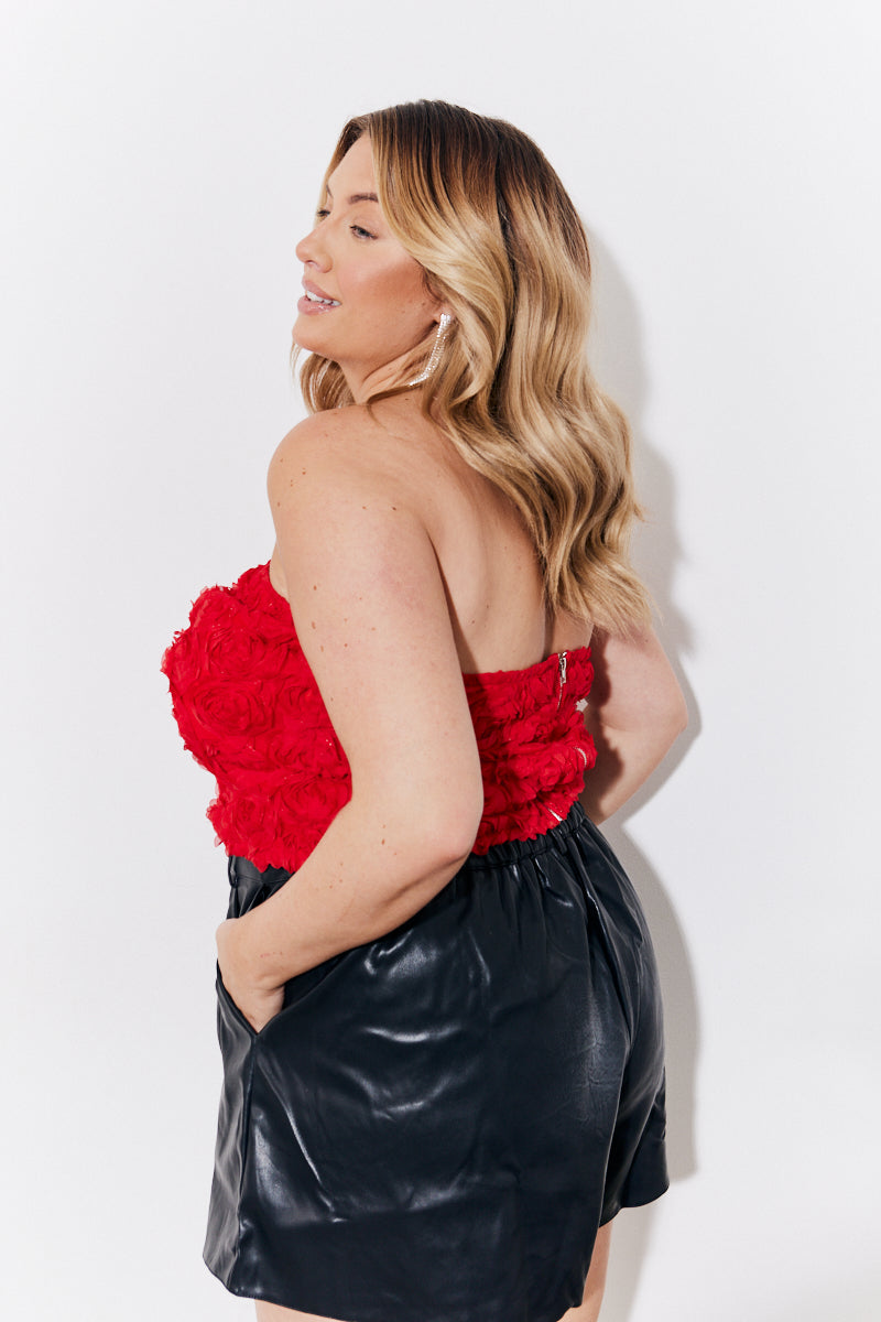 Red 3D Floral Bandeau Top