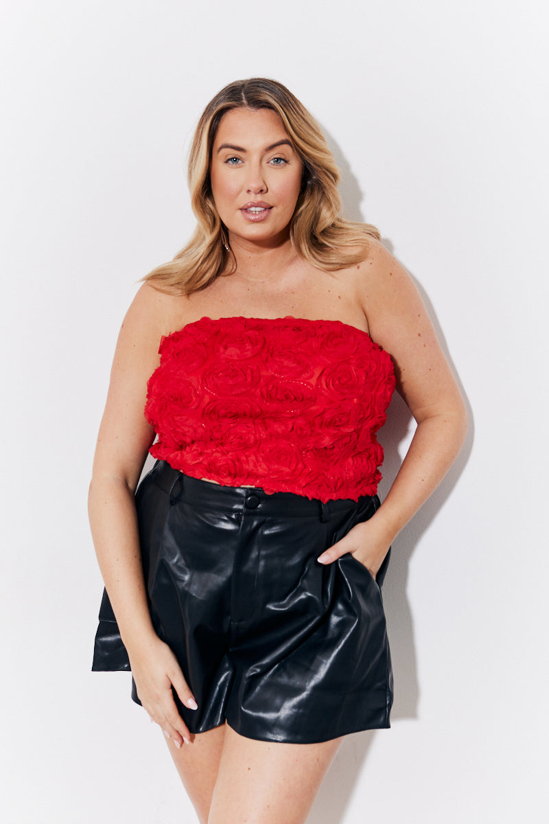 Red 3D Floral Bandeau Top