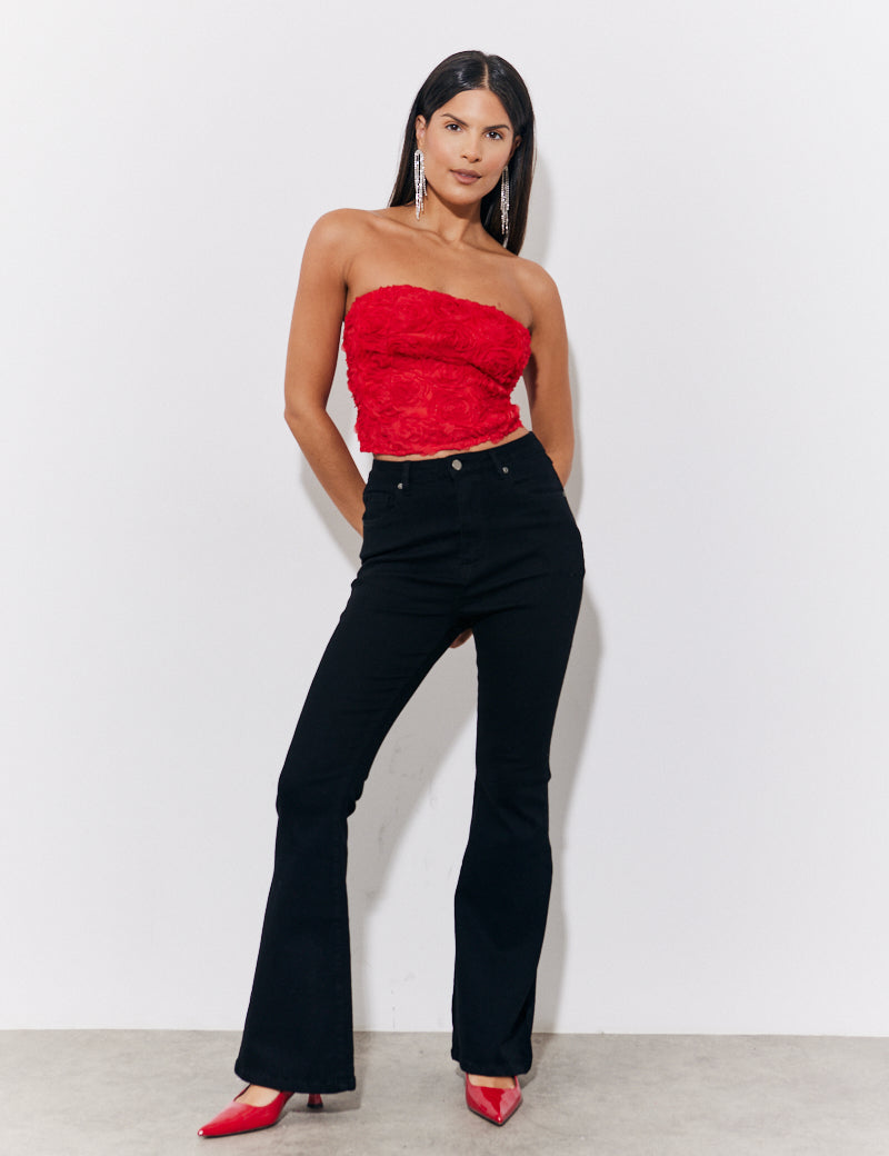 Red 3D Floral Bandeau Top