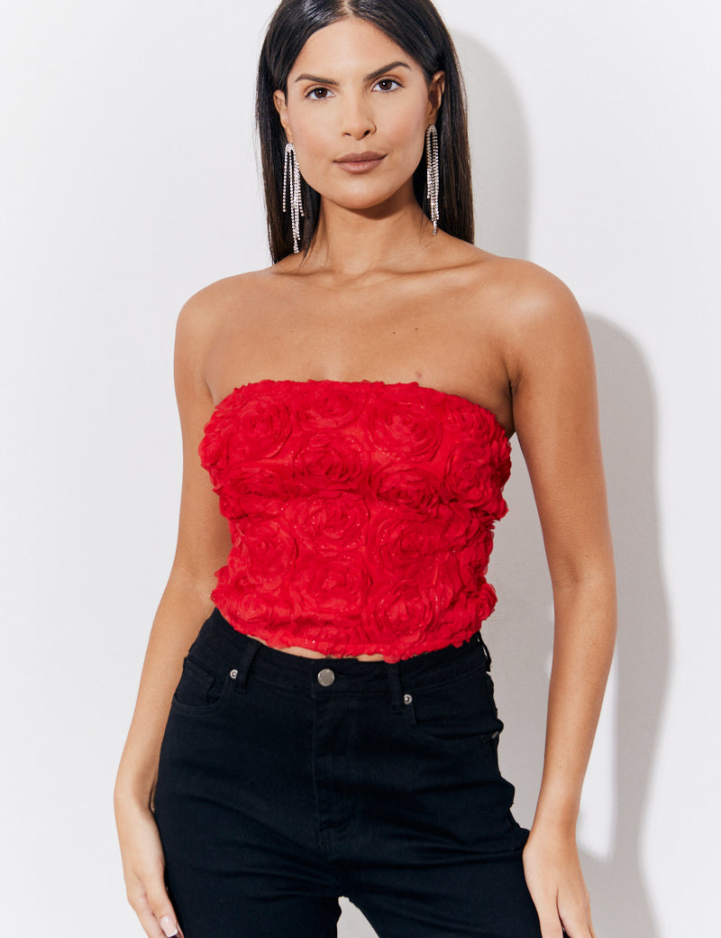 Red 3D Floral Bandeau Top