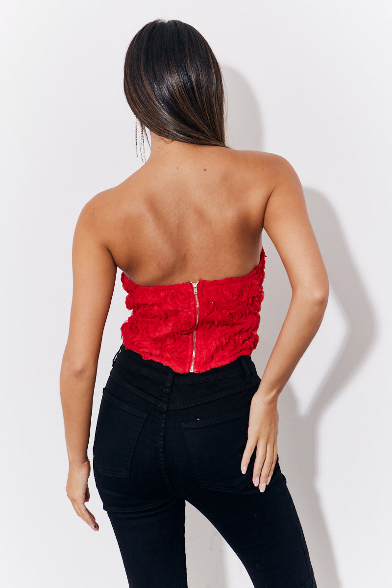 Red 3D Floral Bandeau Top