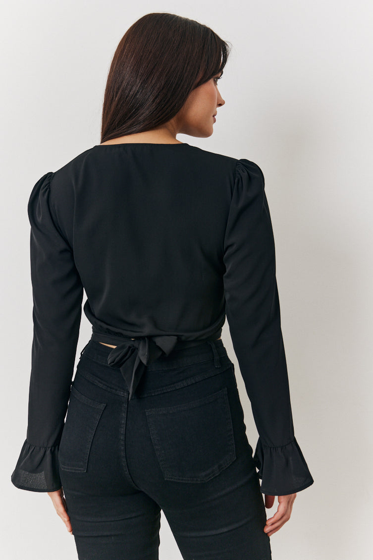 Fitted Wrap-Around Long-Sleeve Knitted Blouse