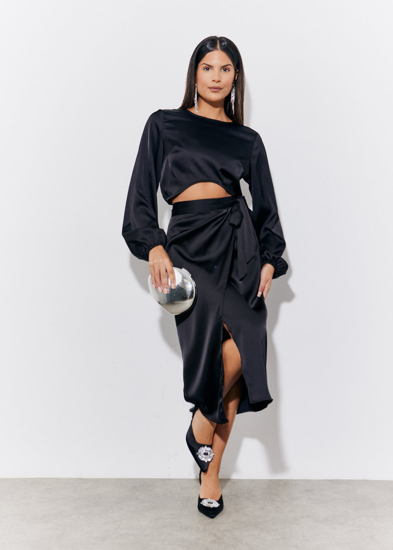 Black Curved Hem Satin Top