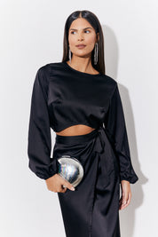 Black Curved Hem Satin Top