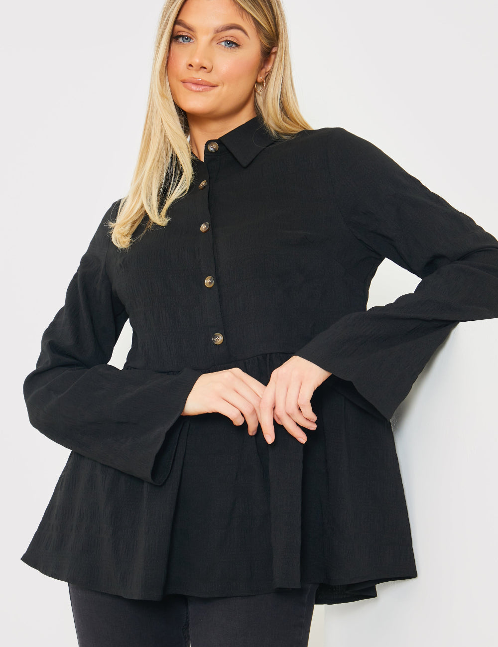 Blouson Sleeve Button Front Blouse 