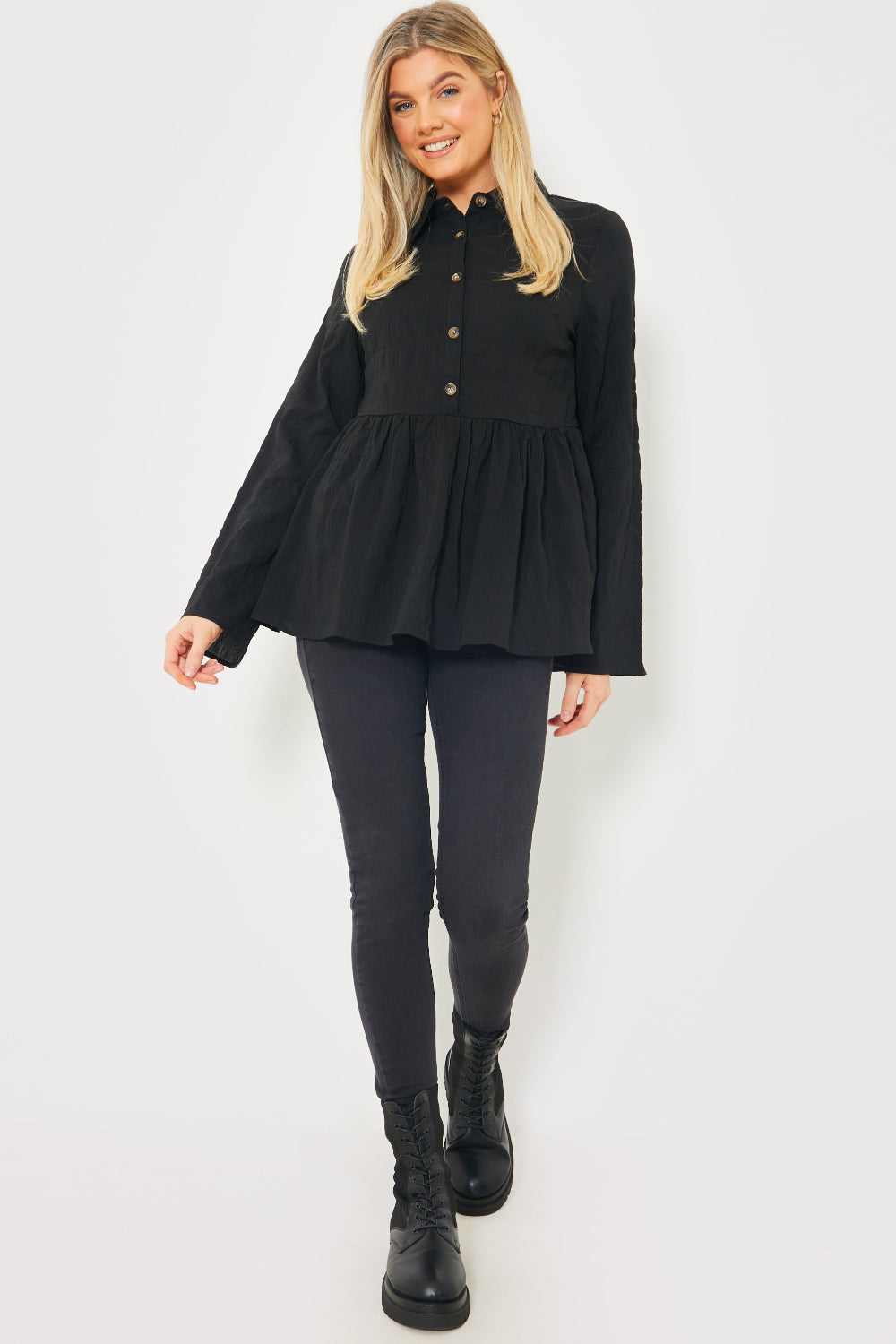 Blouson Sleeve Button Front Blouse 