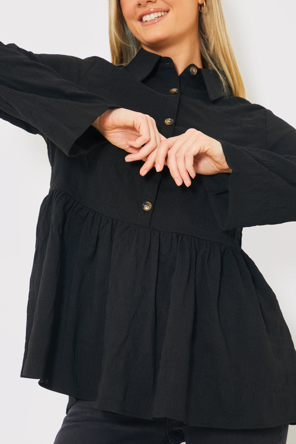 Blouson Sleeve Button Front Blouse 