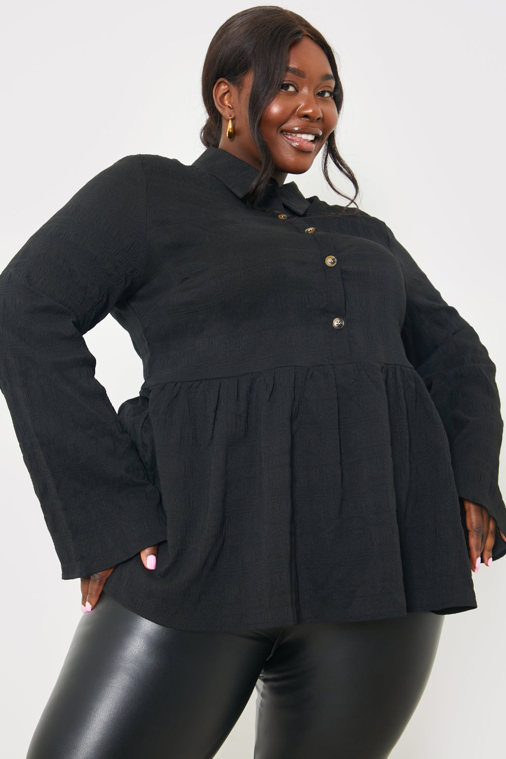 Blouson Sleeve Button Front Blouse 