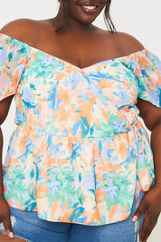 Blurred Floral Wrap Off Shoulder Blouse