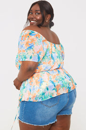 Blurred Floral Wrap Off Shoulder Blouse