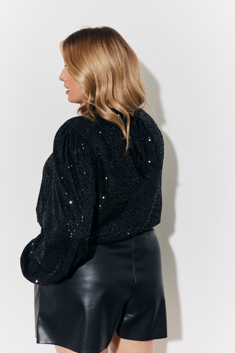 Sequin High Neck Blouse with Balloon Sleeve