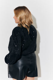 Sequin High Neck Blouse with Balloon Sleeve