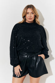 Sequin High Neck Blouse with Balloon Sleeve