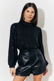Sequin High Neck Blouse with Balloon Sleeve