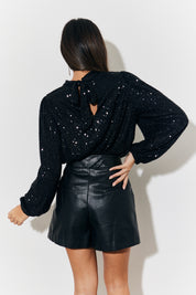 Sequin High Neck Blouse with Balloon Sleeve