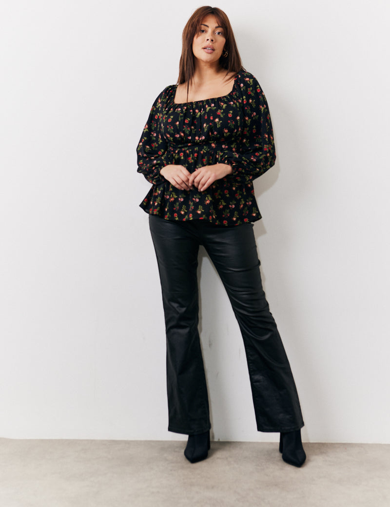 Black Rose Print Smock Top