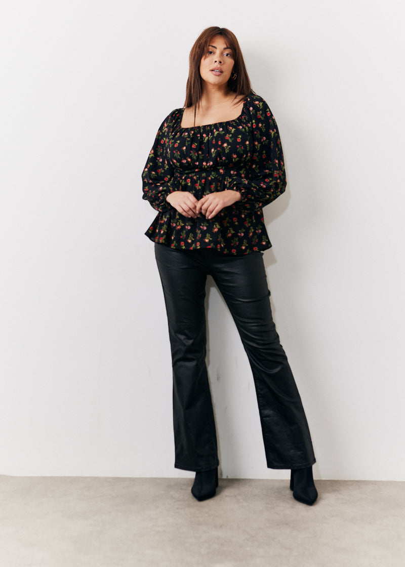 Black Rose Print Smock Top