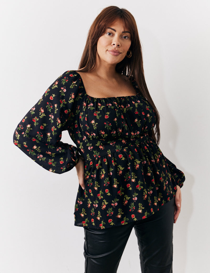 Black Rose Print Smock Top