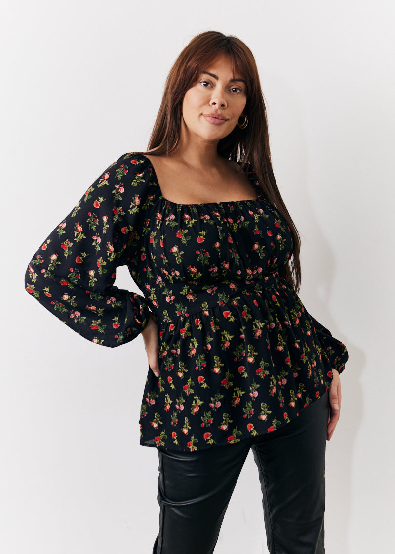 Black Rose Print Smock Top