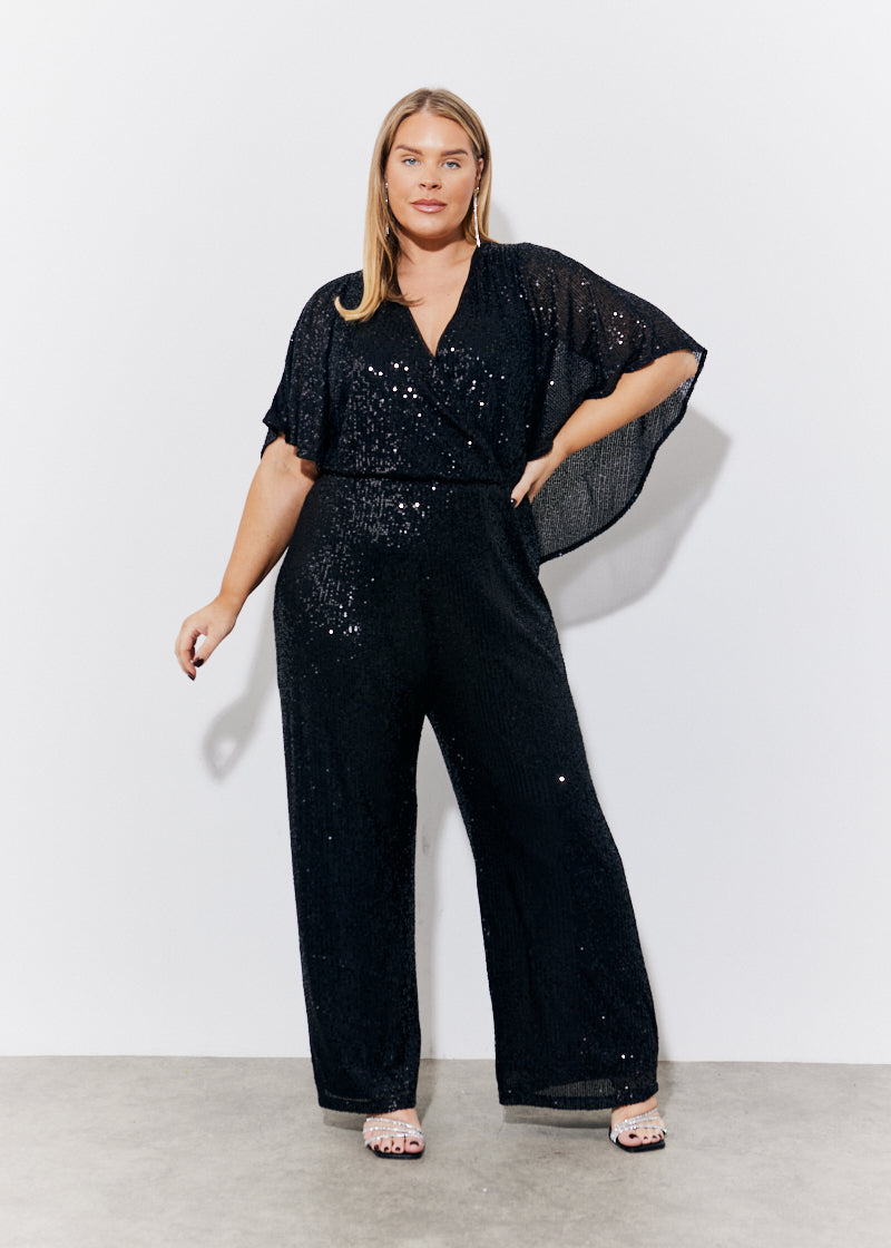 Black Sequin Cape Style Wide Leg Jumpsuit