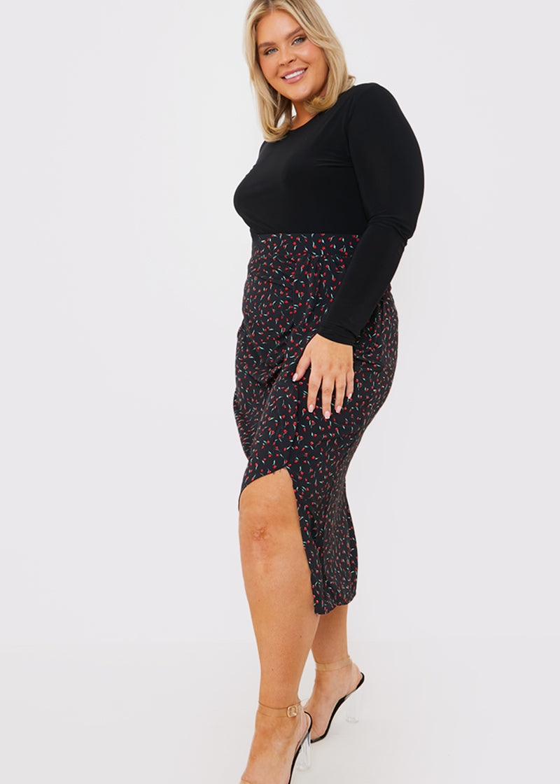 Floral Print Ruched Midi Skirt