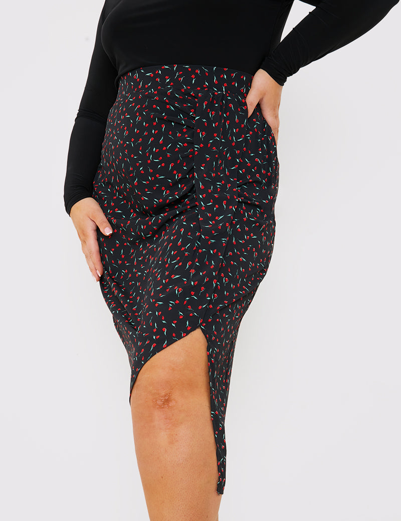 Floral Print Ruched Midi Skirt