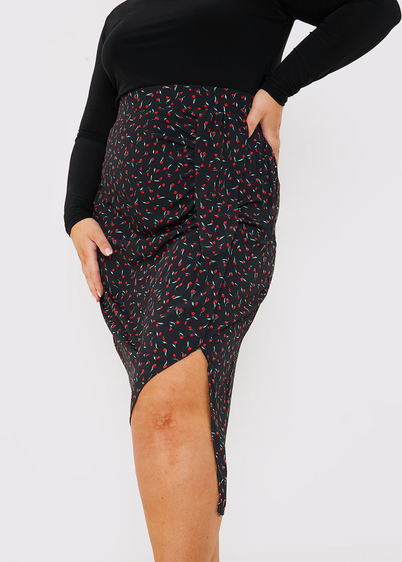 Floral Print Ruched Midi Skirt