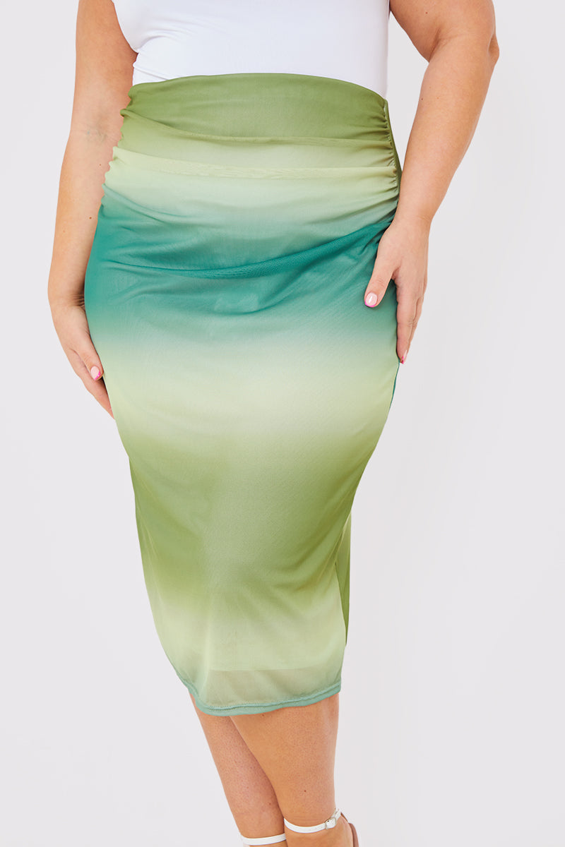 Printed Ombre Mesh Midi Skirt