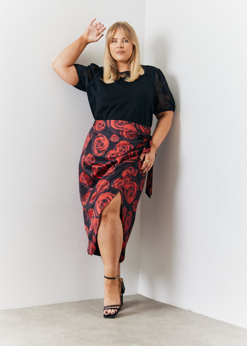 Wrap Front Printed Midi Skirt